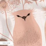Symmetrical pattern of stylized pink owls with decorative floral medallions on white background