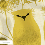 Stylized golden owls in symmetrical Art Nouveau pattern with floral motifs on cream background