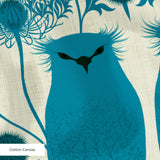 Symmetrical teal owl pattern with decorative floral elements on cream background