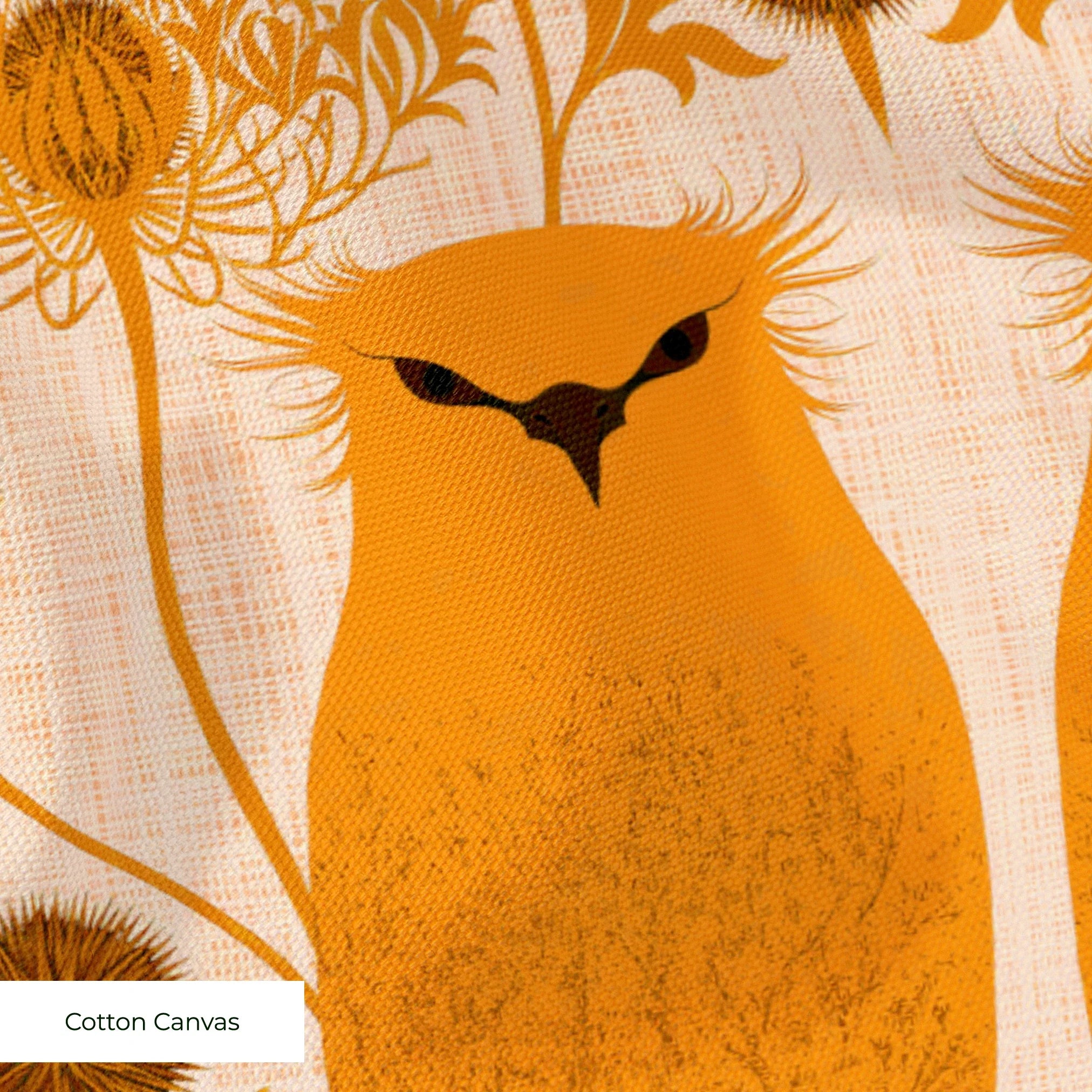 Symmetrical pattern of orange owls with brown details on beige background with decorative floral ele