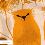 Symmetrical pattern of orange owls with brown details on beige background with decorative floral ele
