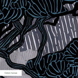 Stylized Japanese landscape with layered trees in blue, purple, and white with fan-shaped canopies