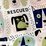 Rescued & Ready in Petal — rescued & ready print, in blush pink and slate blocks with cream and black dogs, small scale
