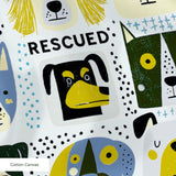 Rescued & Ready in Slate — rescued & ready print, in slate blue and golden yellow blocks with cream and black dogs, small scale