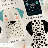 Colorful therapy dog illustration pattern featuring various dog breeds in teal, black, cream and pin