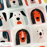 Colorful grid pattern of stylized dog faces in various breeds with geometric shapes and retro color