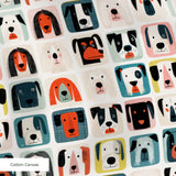Colorful grid pattern of cartoon dog faces in various breeds with geometric shapes and retro style i