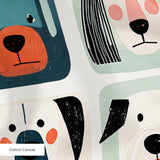 Colorful grid pattern of stylized dog faces in various breeds with geometric shapes and retro color