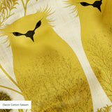 Stylized golden owls in symmetrical Art Nouveau pattern with floral motifs on cream background