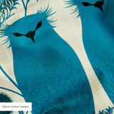 Symmetrical teal owl pattern with decorative floral elements on cream background