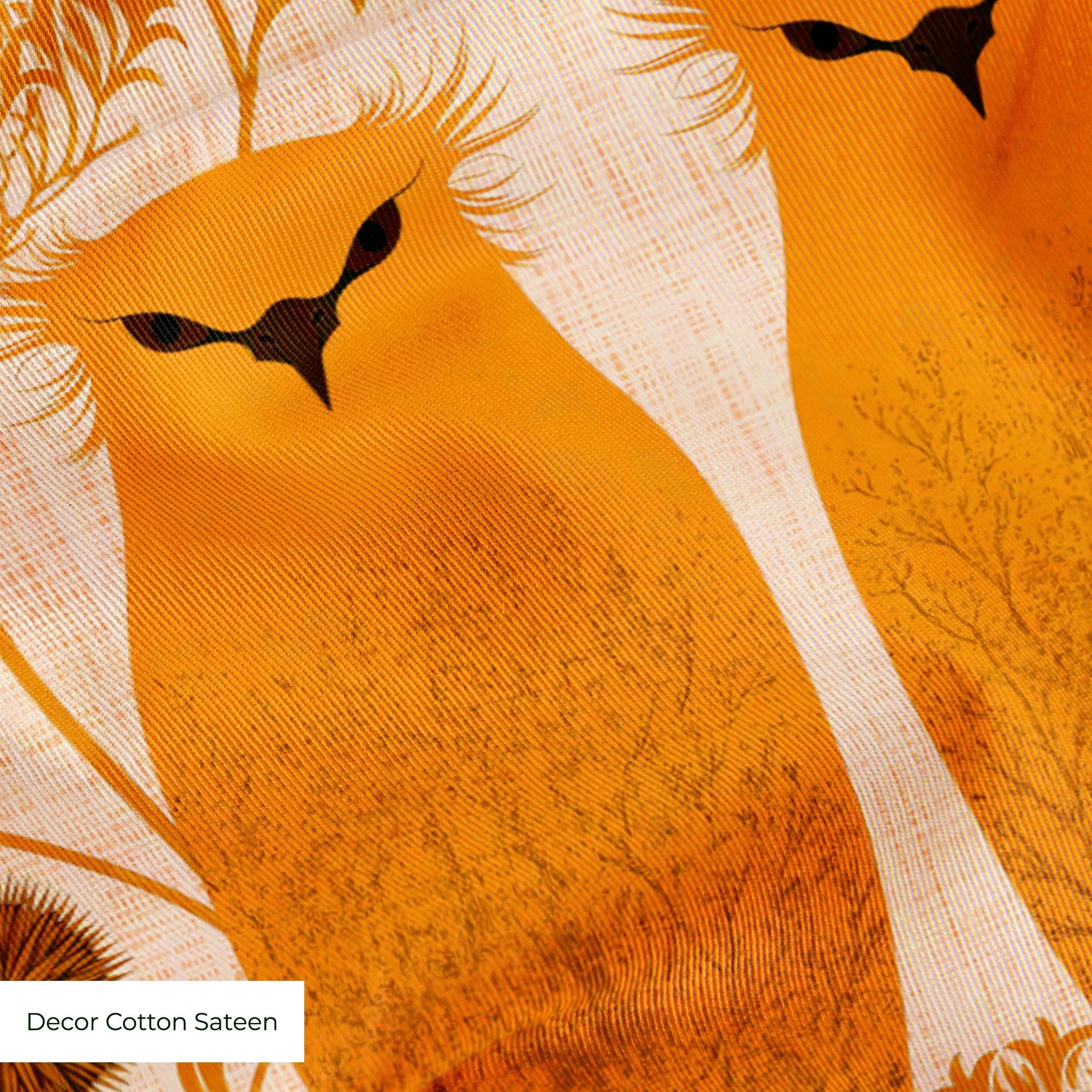 Symmetrical pattern of orange owls with brown details on beige background with decorative floral ele