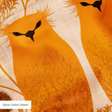 Symmetrical pattern of orange owls with brown details on beige background with decorative floral ele