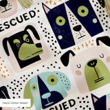 Rescued & Ready in Petal — rescued & ready print, in blush pink and slate blocks with cream and black dogs, small scale