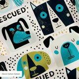 Rescued & Ready in Avocado — rescued & ready print, in avocado green and teal blocks with cream and black dogs, small scale