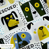 Rescued & Ready in Slate — rescued & ready print, in slate blue and golden yellow blocks with cream and black dogs, small scale