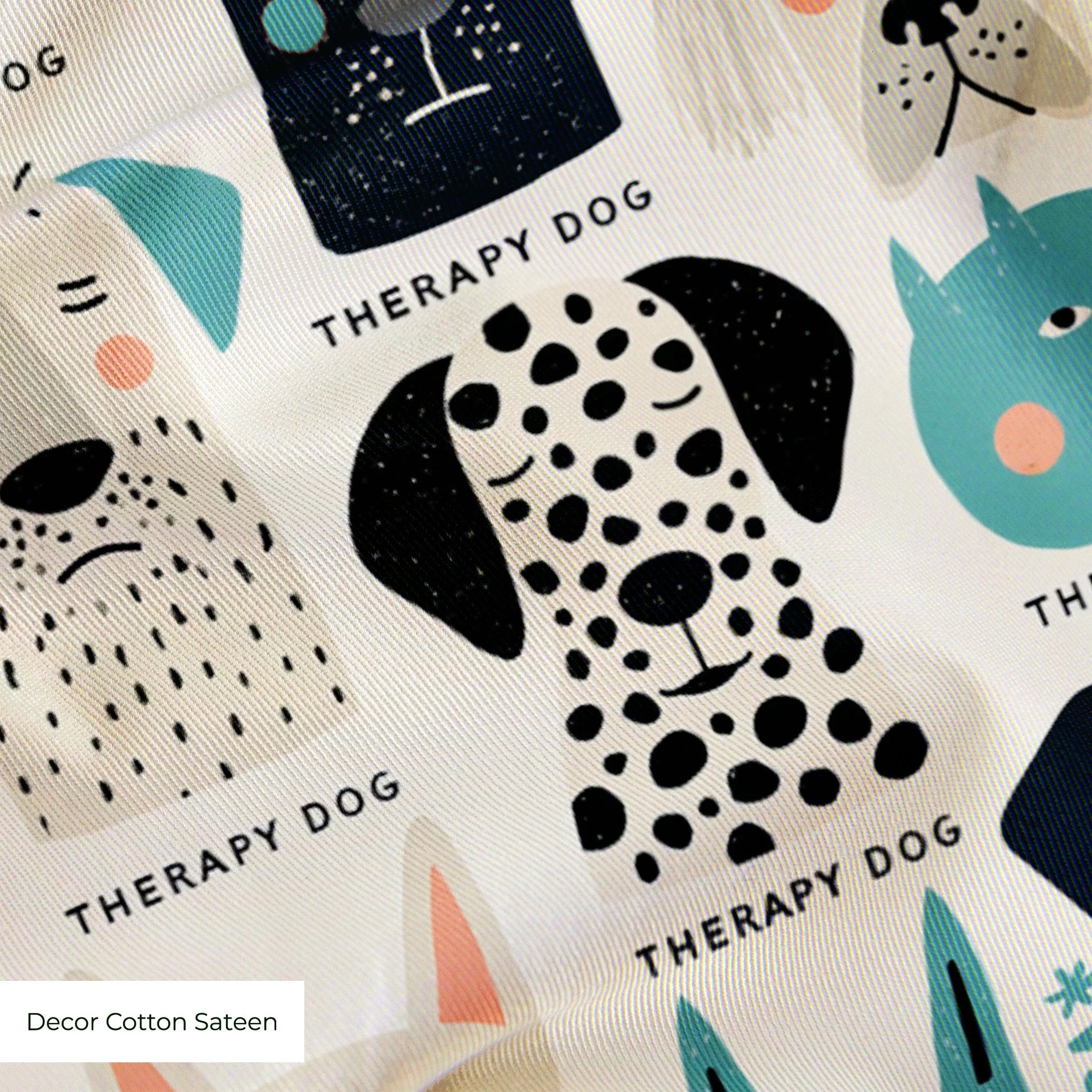 Colorful therapy dog illustration pattern featuring various dog breeds in teal, black, cream and pin