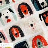 Colorful grid pattern of stylized dog faces in various breeds with geometric shapes and retro color