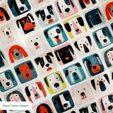 Colorful grid pattern of cartoon dog faces in various breeds with geometric shapes and retro style i