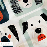 Colorful grid pattern of stylized dog faces in various breeds with geometric shapes and retro color