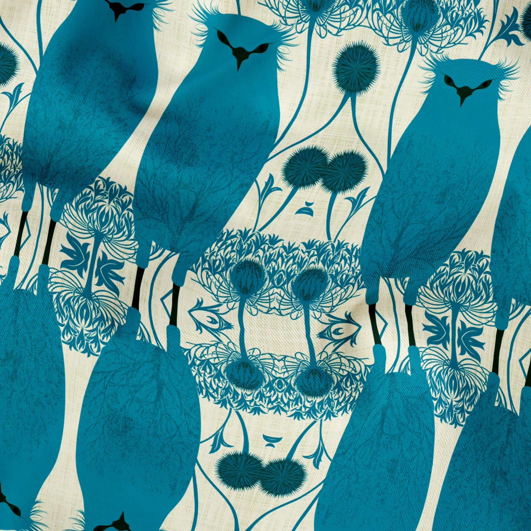 Symmetrical teal owl pattern with decorative floral elements on cream background