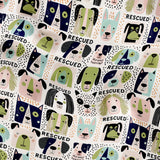 Rescued & Ready in Petal — rescued & ready print, in blush pink and slate blocks with cream and black dogs, small scale