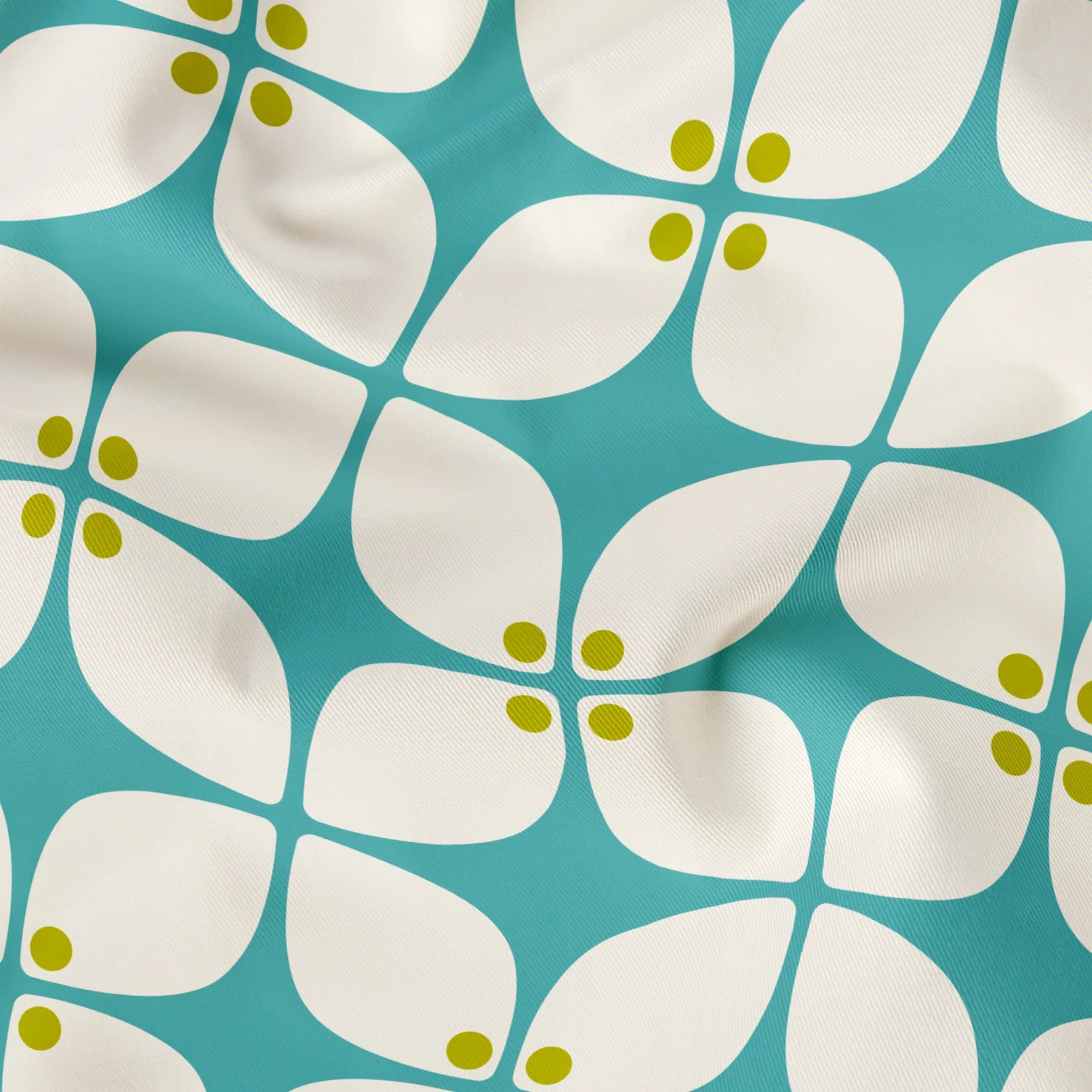 Square Mod in Teal — square mod print, in clear turquoise with a mustard center on warm ivory