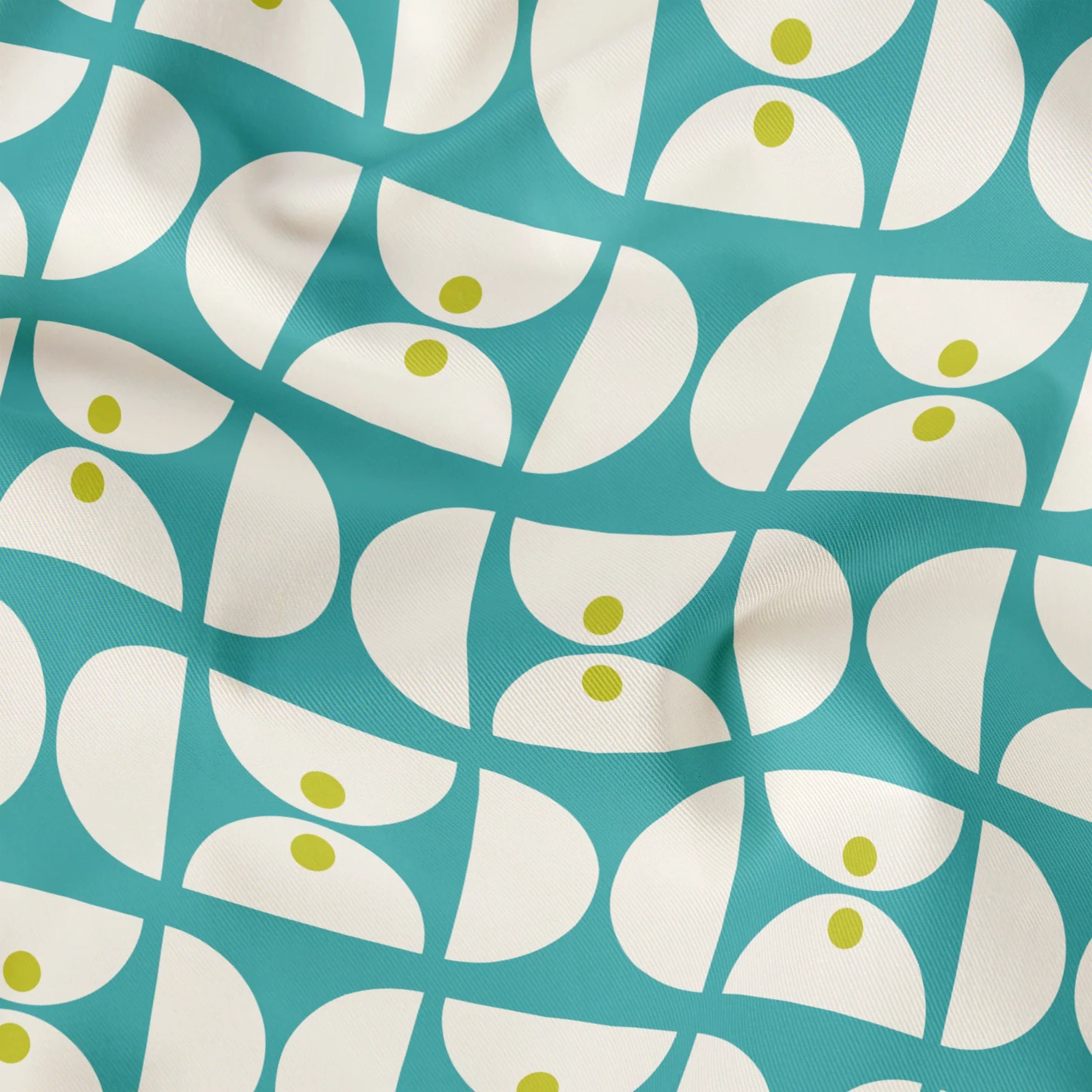 Geometric Martini Mod in Teal — geometric martini mod print, in clear teal and turquoise with cream capsules and a coral center