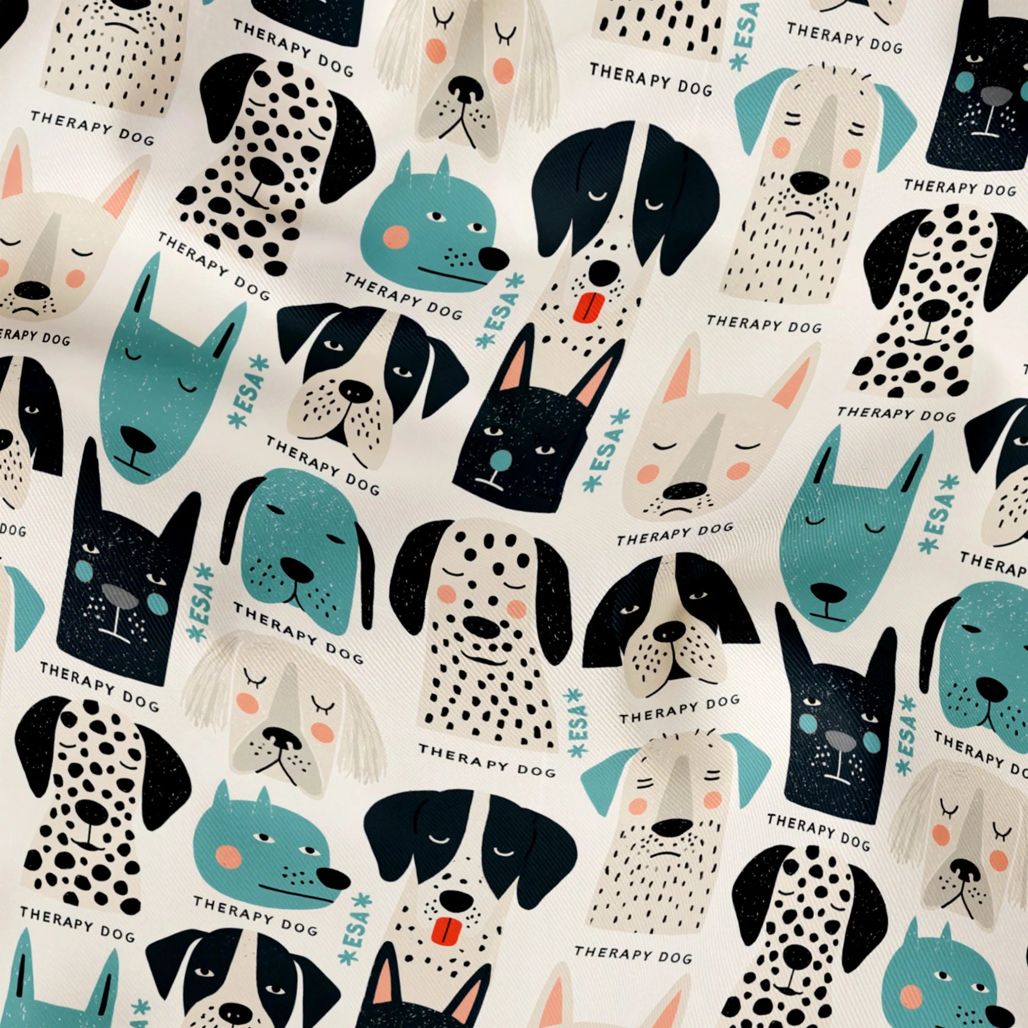 Colorful therapy dog illustration pattern featuring various dog breeds in teal, black, cream and pin
