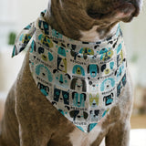 Rescued & Ready in Avocado — rescued & ready print, in avocado green and teal blocks with cream and black dogs, small scale