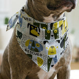 Rescued & Ready in Slate — rescued & ready print, in slate blue and golden yellow blocks with cream and black dogs