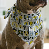 Rescued & Ready in Slate — rescued & ready print, in slate blue and golden yellow blocks with cream and black dogs, small scale
