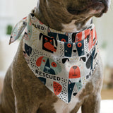 Rescued & Ready in Persimmon — rescued & ready print, in persimmon orange and red blocks with cream and black dogs