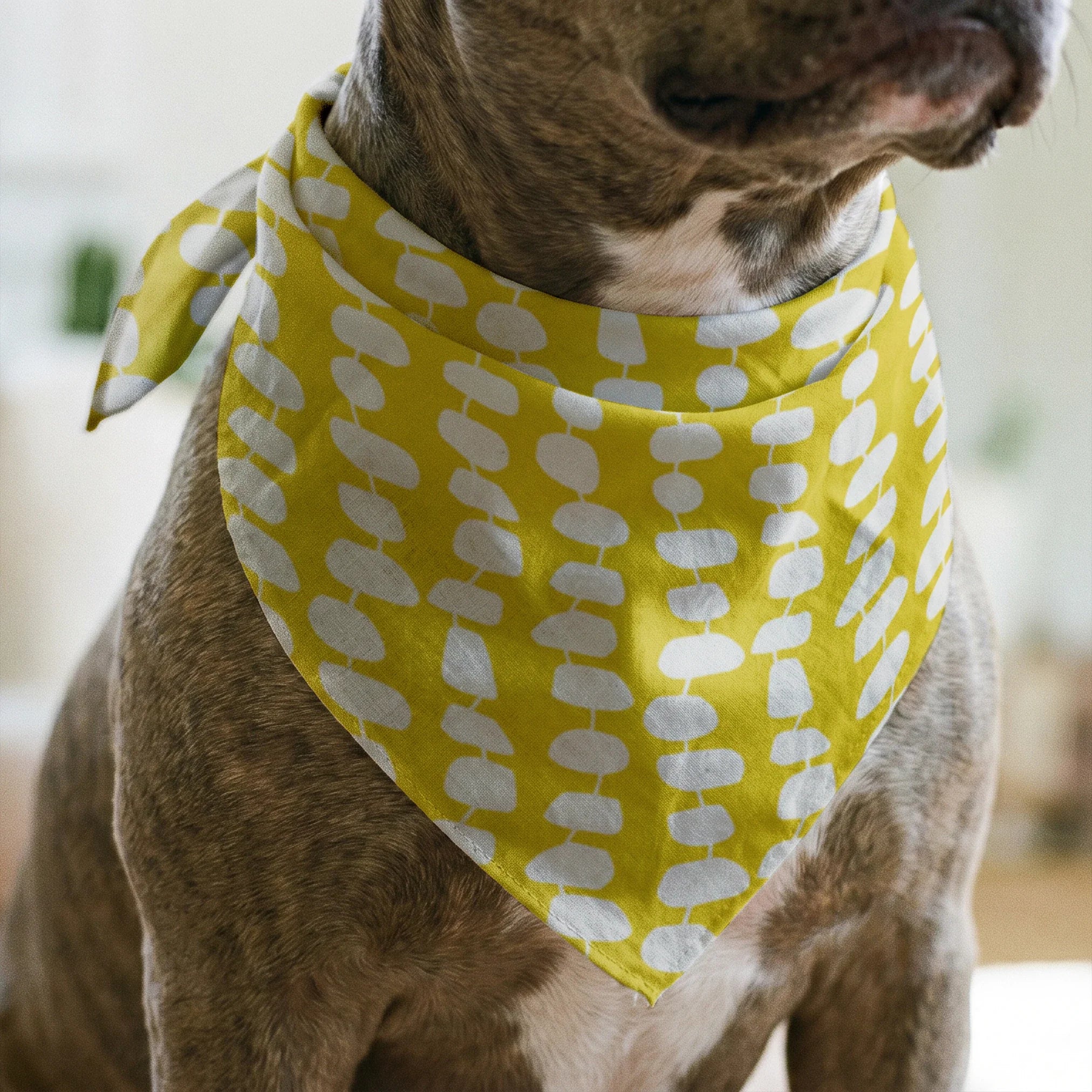 Atomic Stack in Mustard — atomic stack print, in white forms on a bright mustard yellow ground