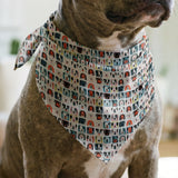 Colorful grid pattern of cartoon dog faces in various breeds with geometric shapes and retro style i