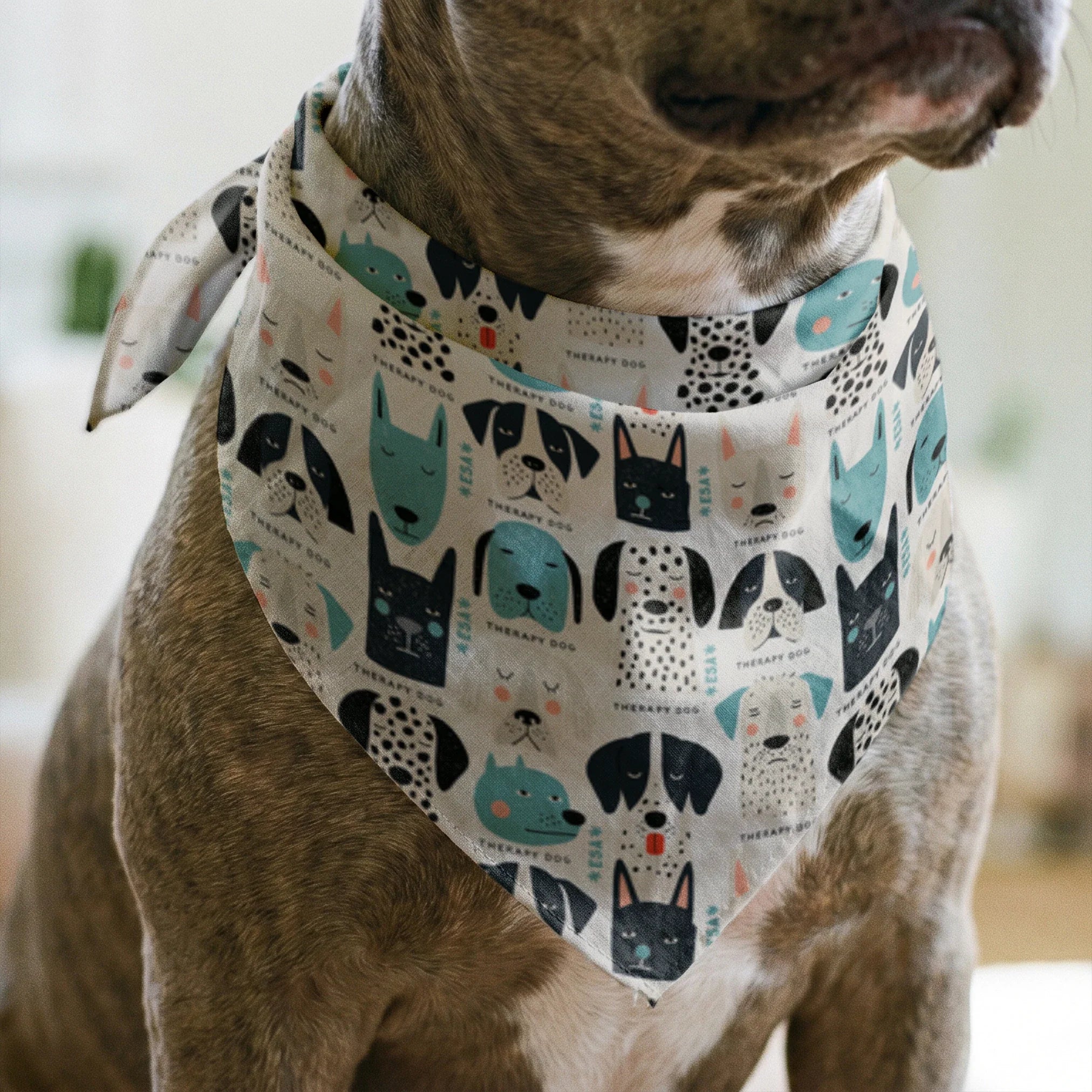 Colorful therapy dog illustration pattern featuring various dog breeds in teal, black, cream and pin