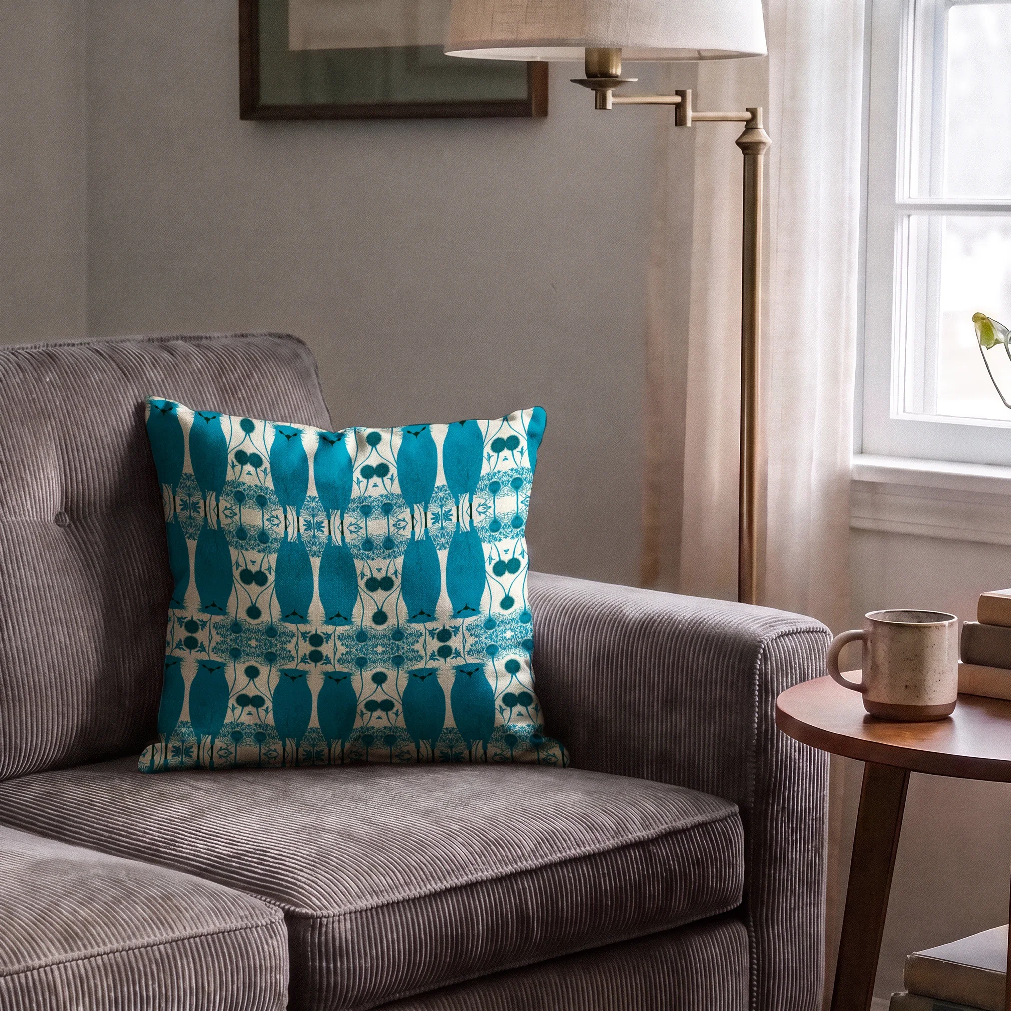 Symmetrical teal owl pattern with decorative floral elements on cream background