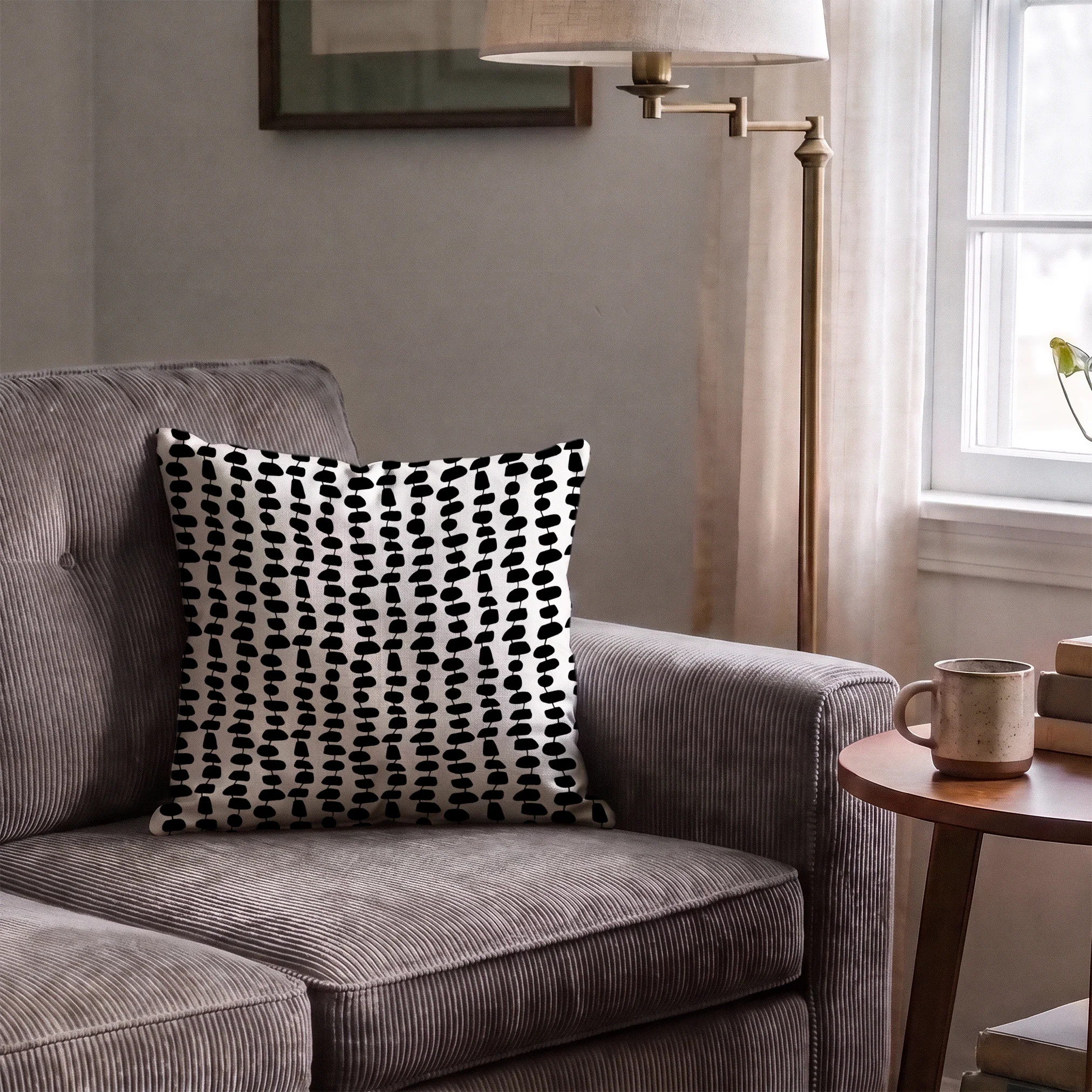 Atomic Stack in Ivory — atomic stack print, in black forms on a bright ivory ground, the reverse of the Ebony colorway
