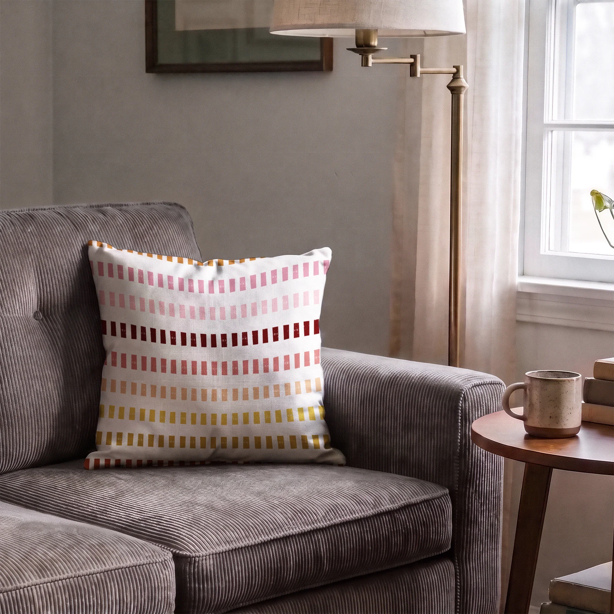 Measured Lines in Warming Trend — measured lines print, moving through coral, pink, deep berry, gold and warm orange