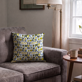 Rescued & Ready in Slate — rescued & ready print, in slate blue and golden yellow blocks with cream and black dogs, small scale