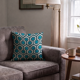 Hexacore in Pacific — hexacore print, in inky navy and petrol teal against pale stone