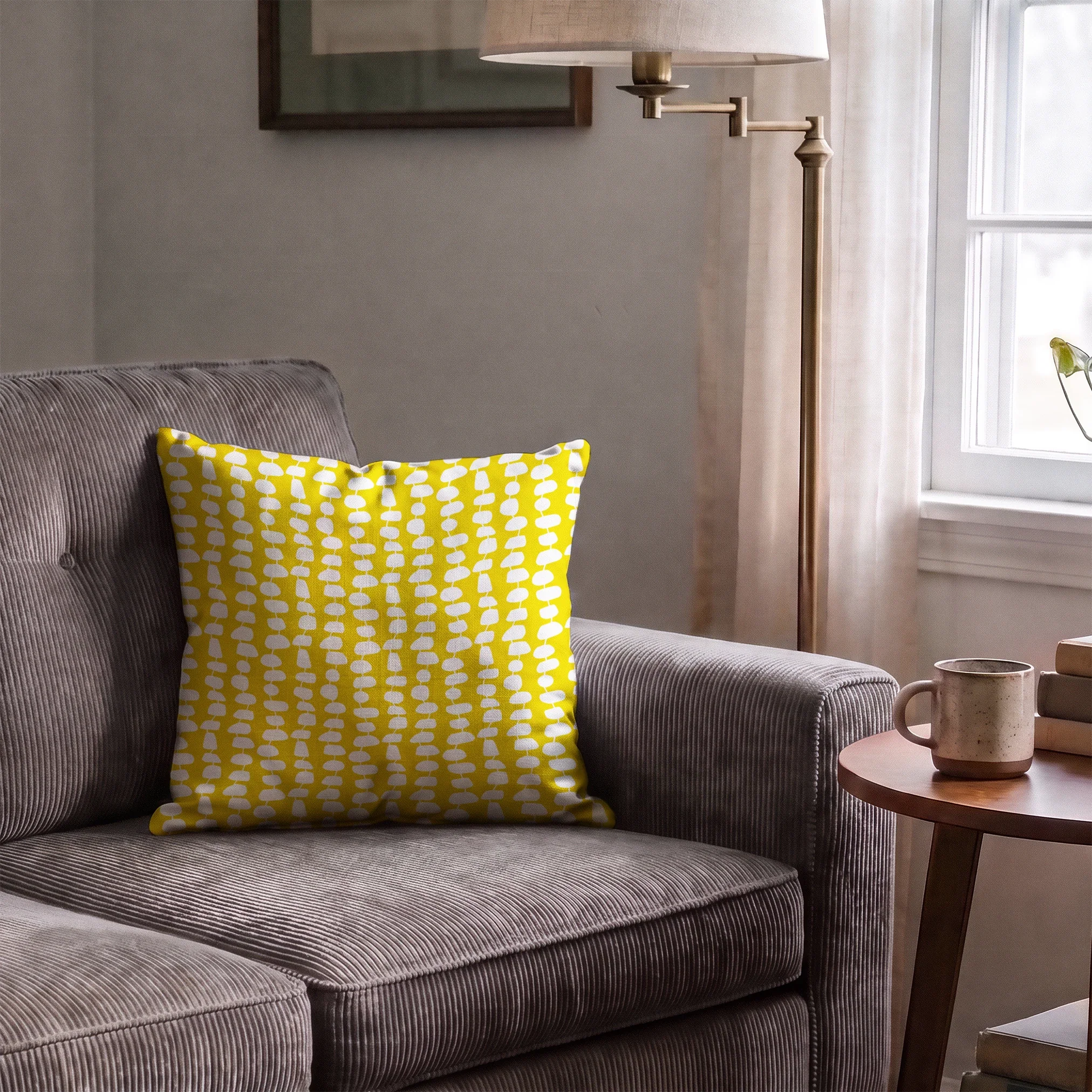 Atomic Stack in Mustard — atomic stack print, in white forms on a bright mustard yellow ground