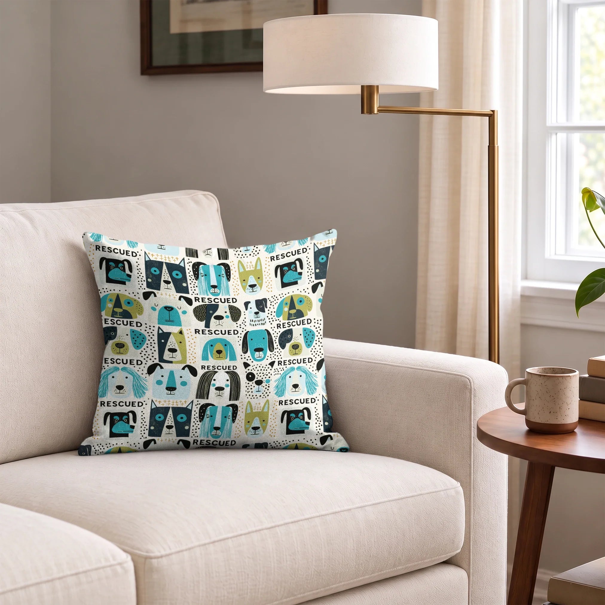 Rescued & Ready in Avocado — rescued & ready print, in avocado green and teal blocks with cream and black dogs
