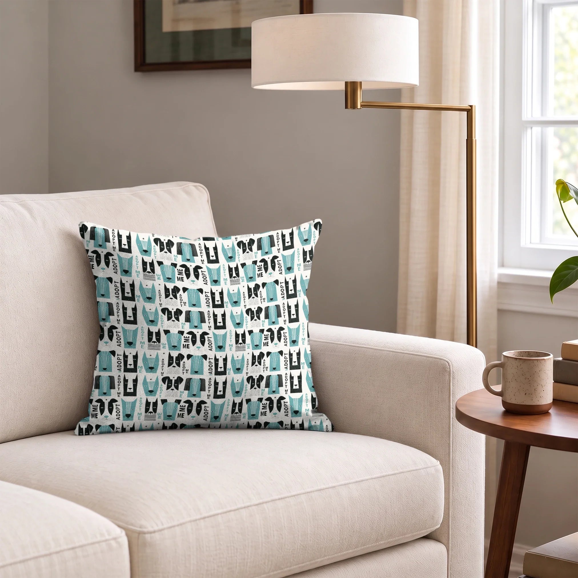 Adopt Me Mid Mod Dog in Teal — adopt me mid mod dog print, in turquoise teal, black and cream on a warm bone ground, small scale