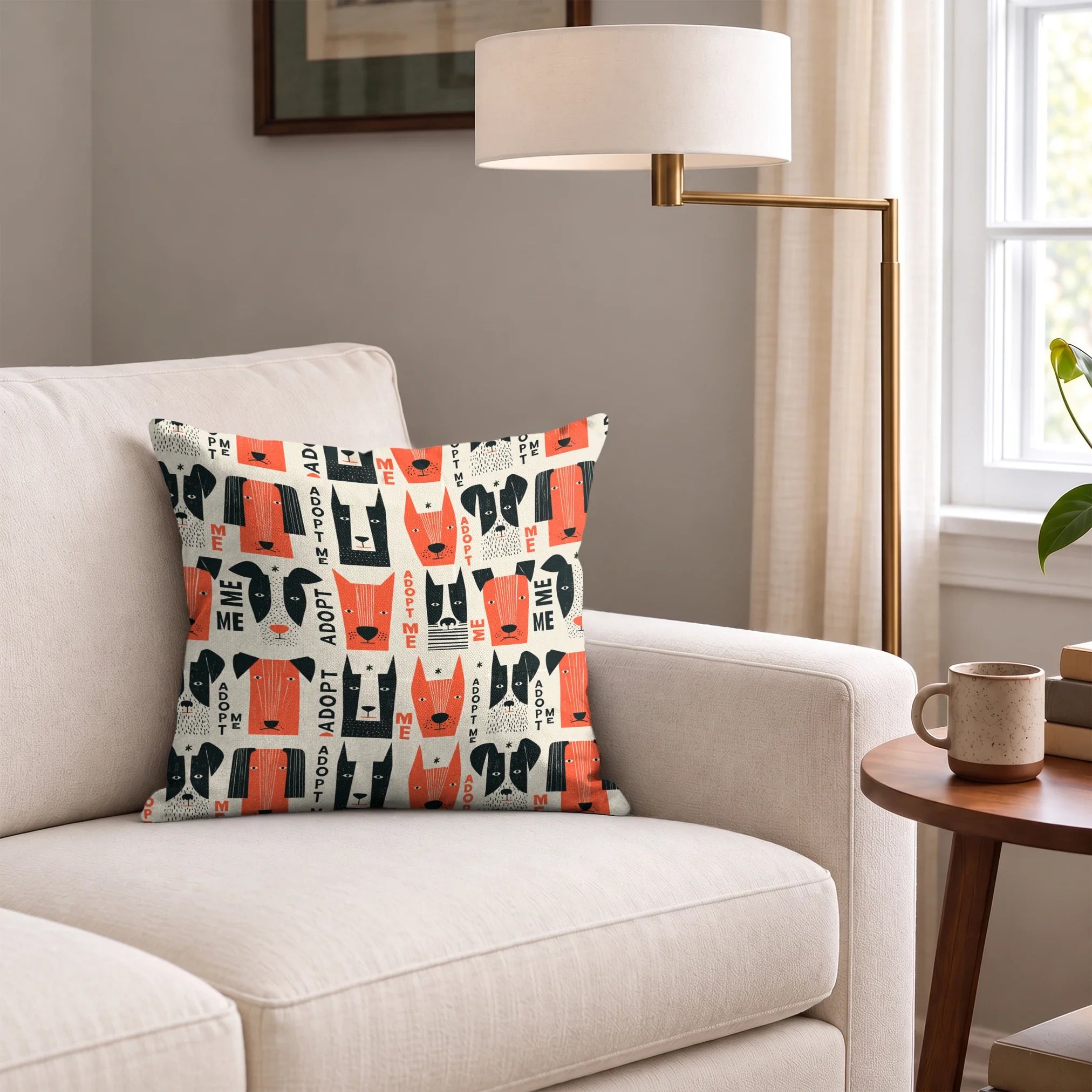 Adopt Me Mid Mod Dog in Persimmon — adopt me mid mod dog print, in persimmon orange, black and cream on a warm bone ground