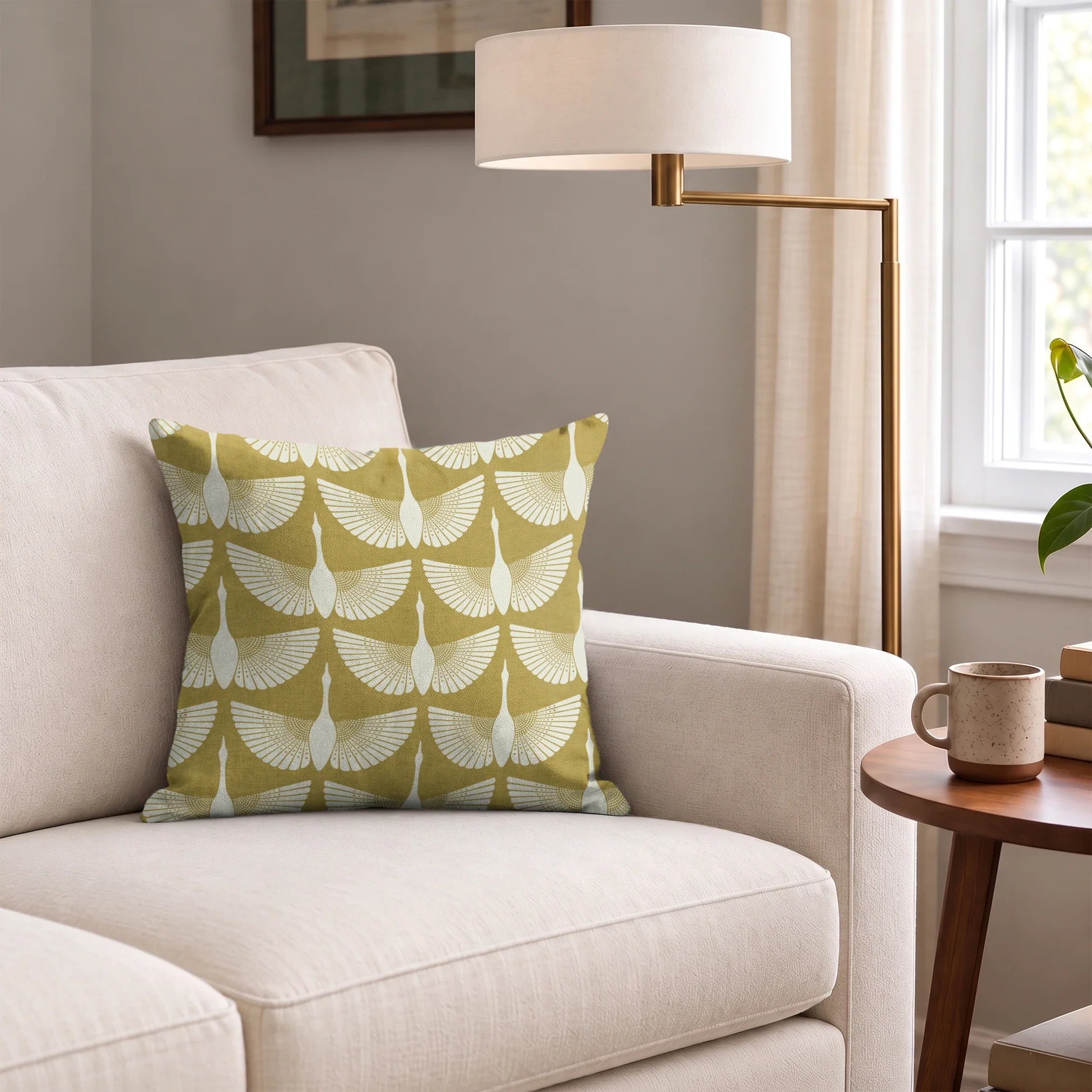 Egret of Joy in Oro Domino — egret of joy print, in antique gold on bone, a lighter domino colorway