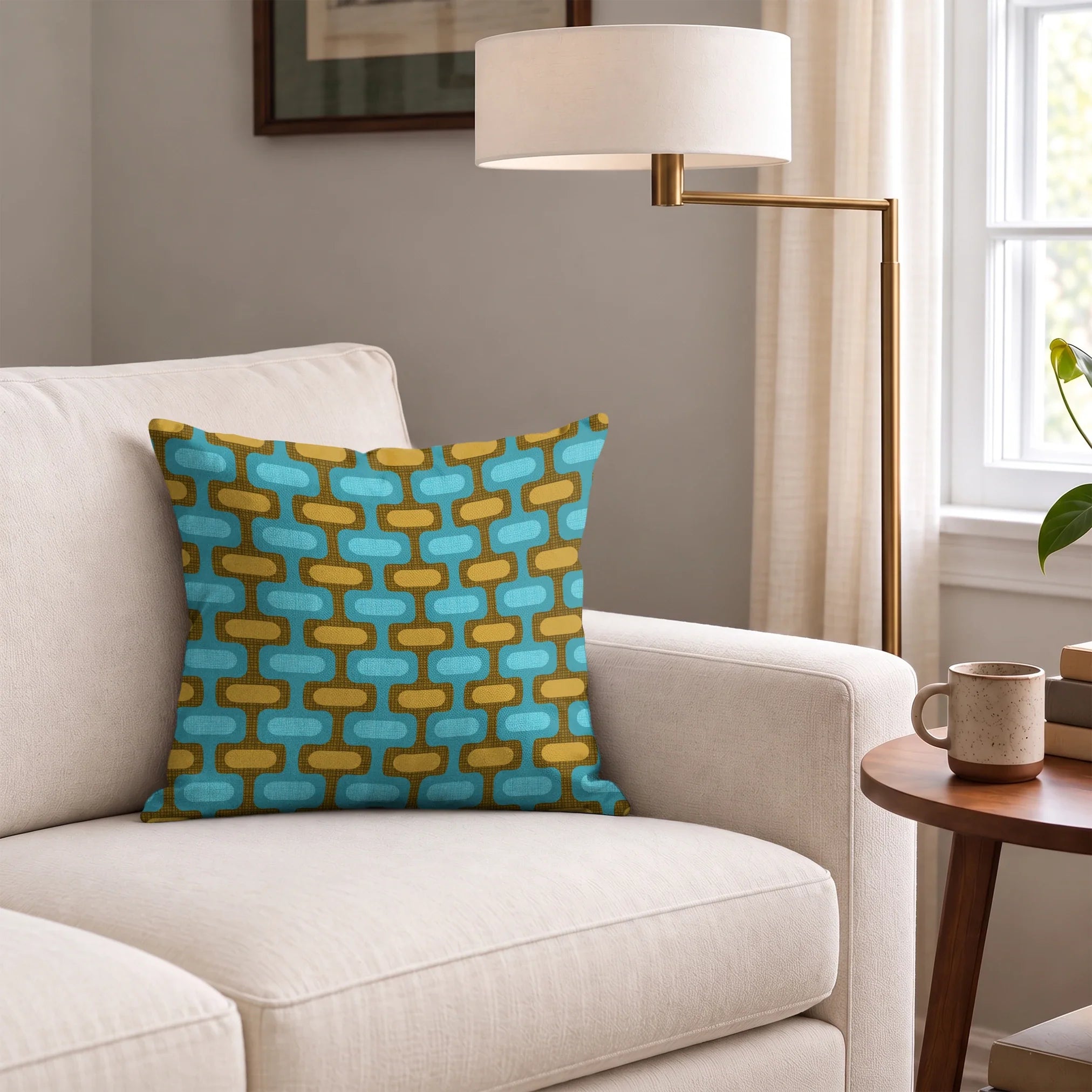 Mod Waves in Laguna Beach — mod waves print, in golden mustard pods on a bright lagoon teal ground