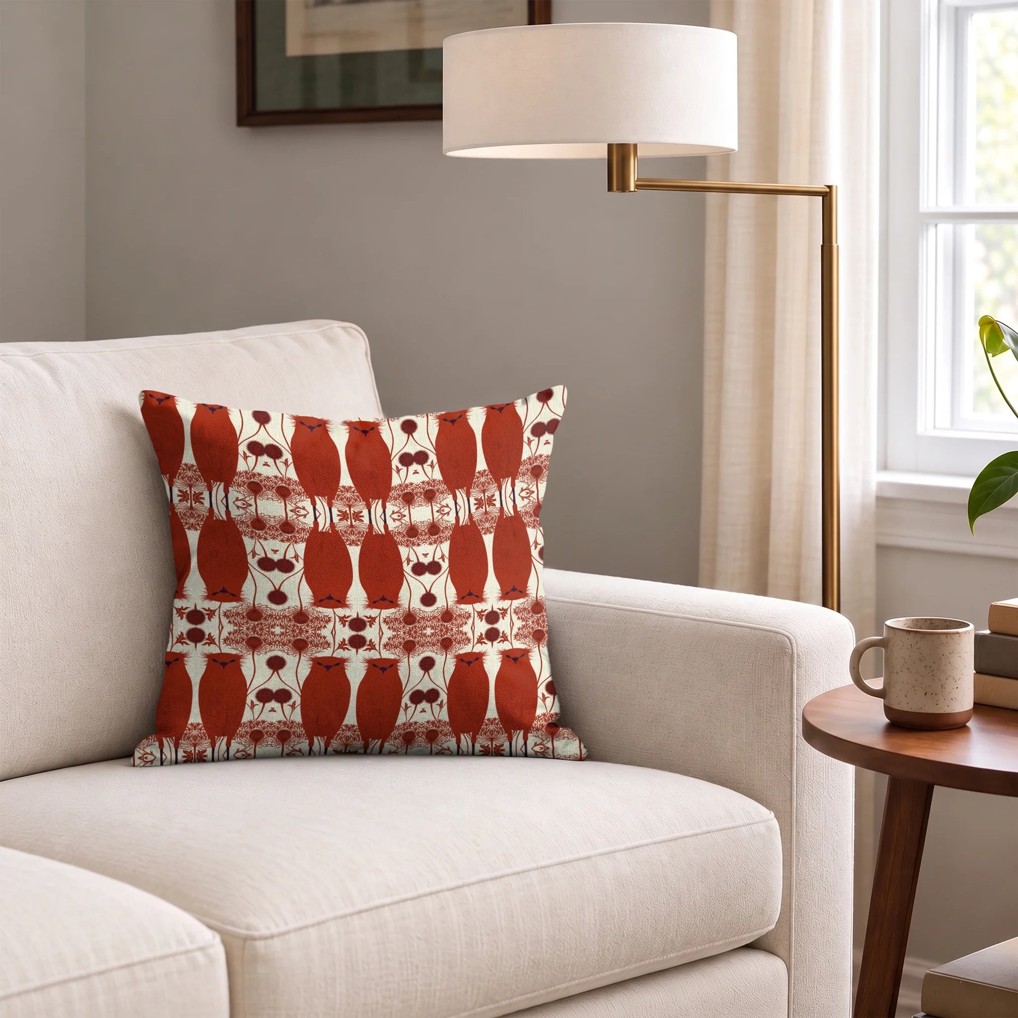 Owl Assembly in Ruby — owl assembly print, in cream and gold owls on a deep ruby red ground