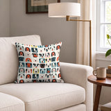 Colorful grid pattern of stylized dog faces in various breeds with geometric shapes and retro color