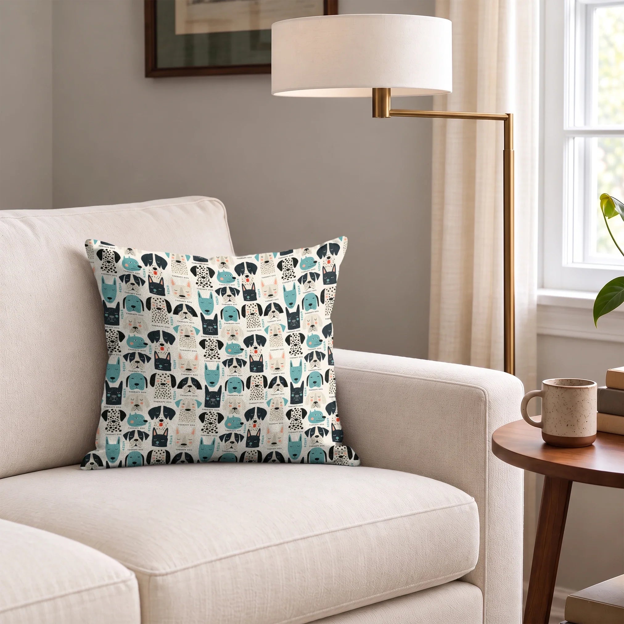 Colorful therapy dog illustration pattern featuring various dog breeds in teal, black, cream and pin