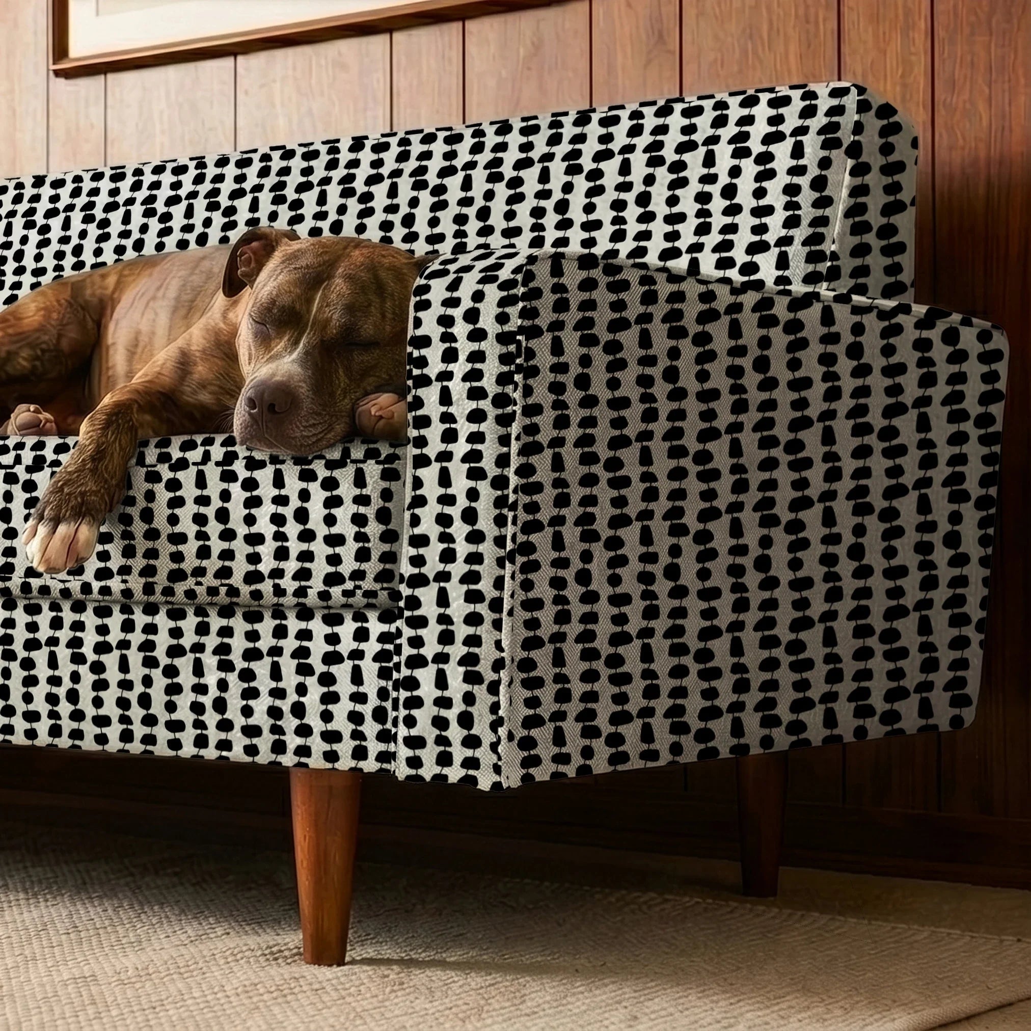 Atomic Stack in Ivory — atomic stack print, in black forms on a bright ivory ground, the reverse of the Ebony colorway
